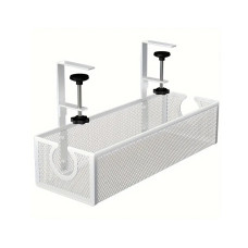 Adjustable Under-Desk Cable Management Tray, Iron Mesh Cable Organizer with Long Arms and No-Drill Clamp-On Design, Desk Wire Holder for Office, Secure and Easy Installation - White